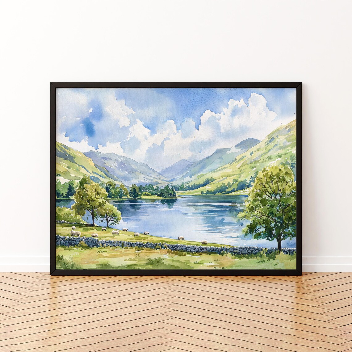 Peaceful Lake Valley with Sheep and Hills Watercolor Art Poster