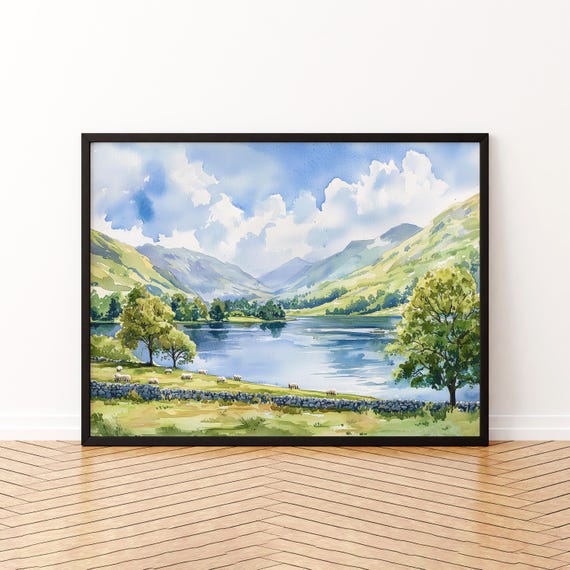 Lake District Watercolor Poster Landscape Wall Art Hanging Home Dcor Gift Lovers United Kingdom