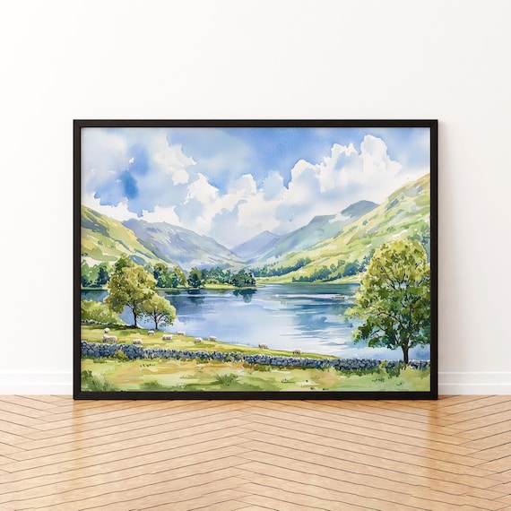 Peaceful Lake Valley with Sheep and Hills Watercolor Art Poster