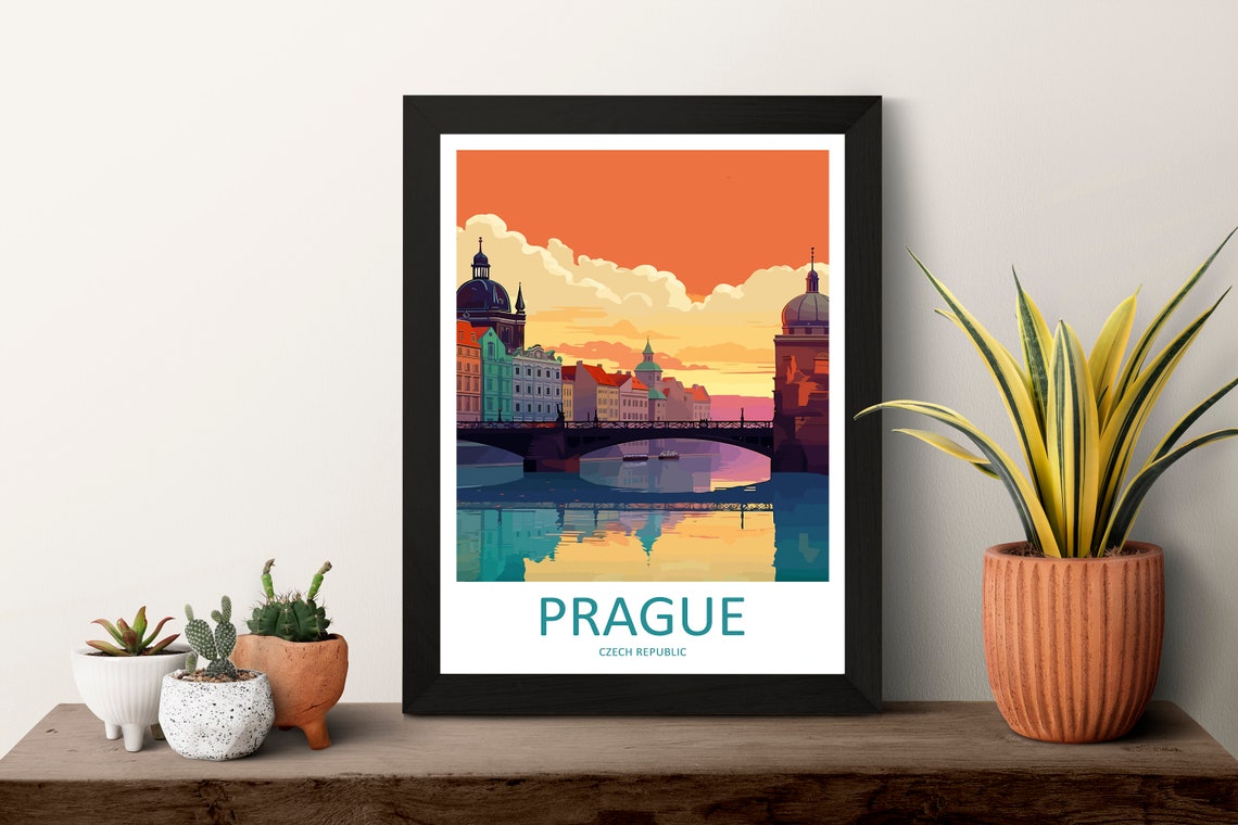 Prague Czech Republic Sunset Bridge River Golden Sky View Poster - Image 3