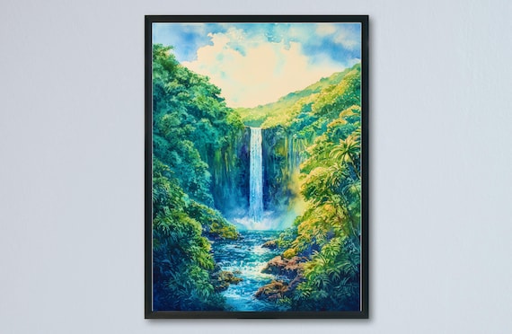 Majestic Waterfall Cascading Through Lush Green Gorge Poster