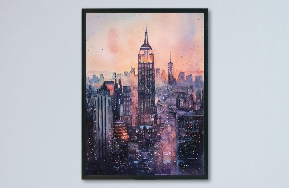 New York City Empire State Building Sunset Watercolor Skyline Poster