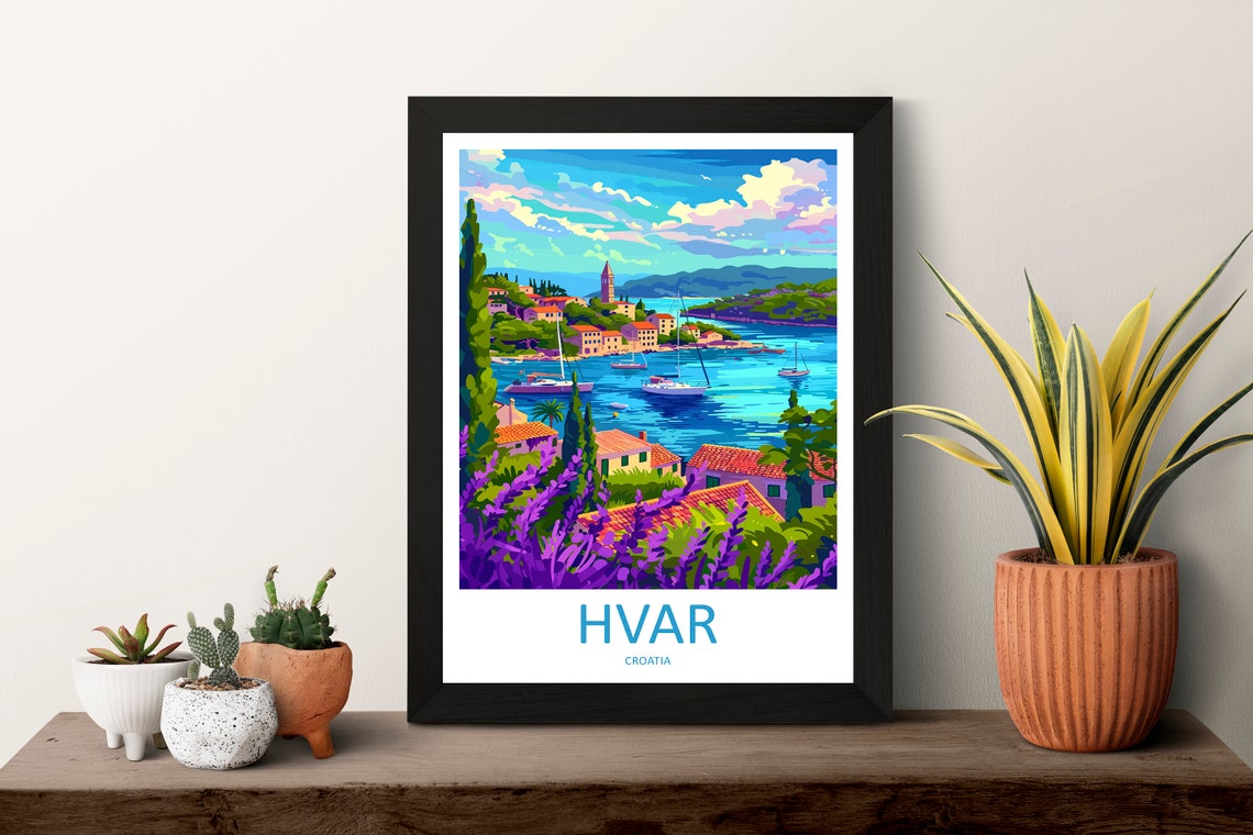 Hvar Croatia Island Harbor Lavender Foreground Travel Art Poster - Image 3