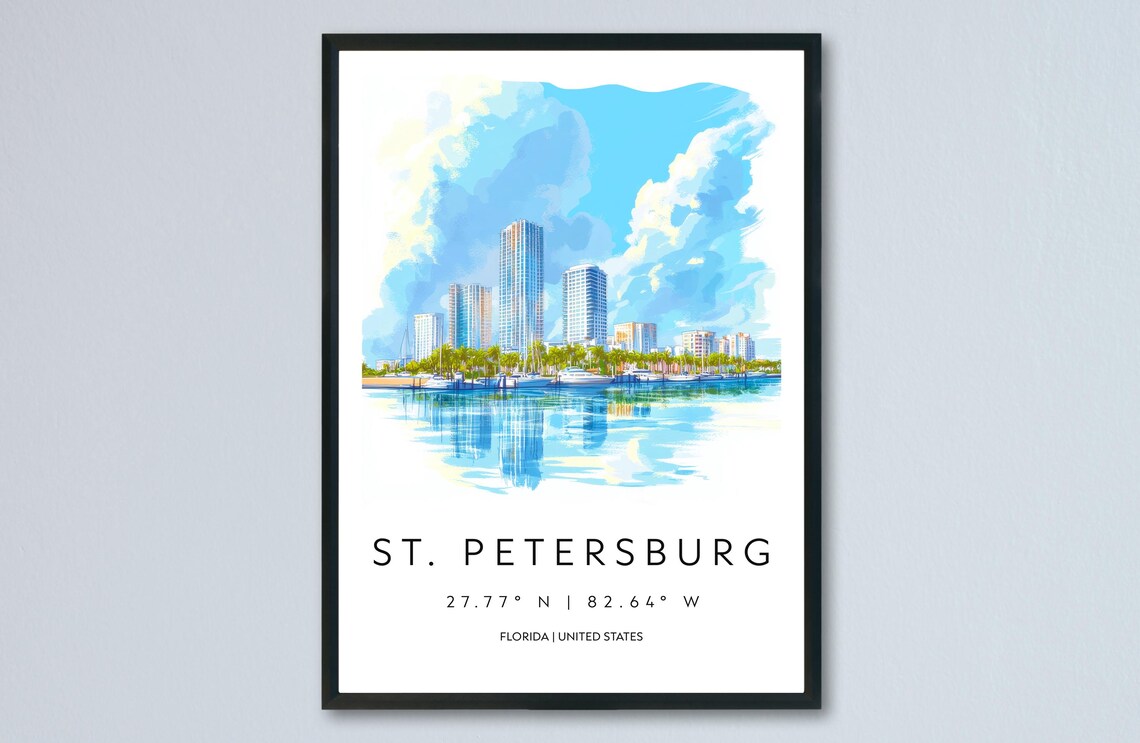 St. Petersburg Florida Skyline Marina Reflection Watercolor Poster