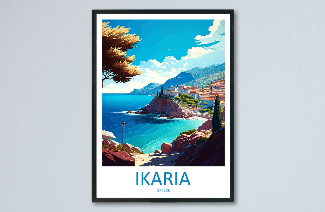 Ikaria Greece Vintage Travel Poster Coastal Cliff Town Turquoise Bay