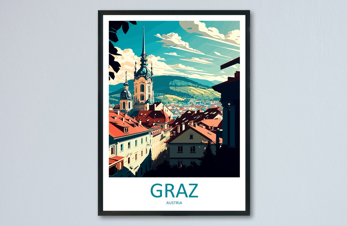 Graz Austria Old Town Rooftops Church Spire Vintage Travel Poster