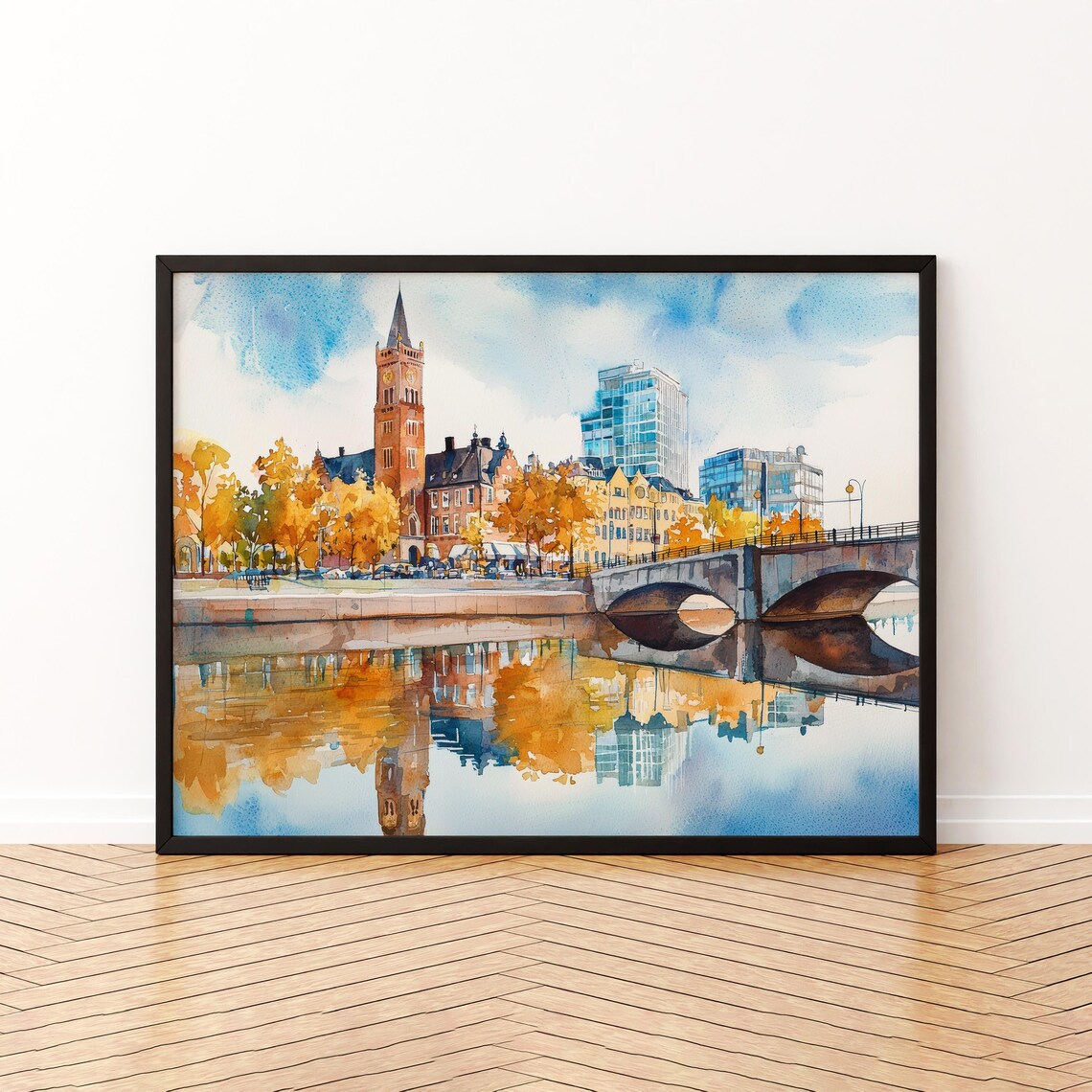 Malm Sweden Watercolor Travel Poster, Waterfront