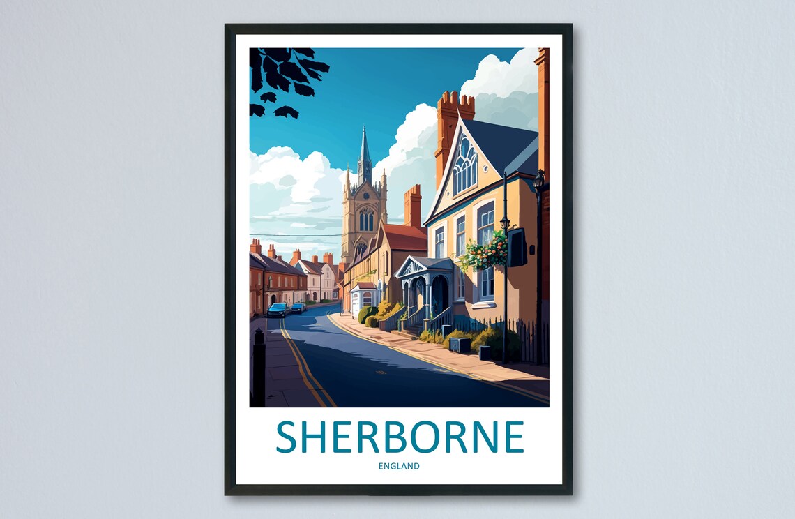 Sherborne England Old Town Street with Historic Church Travel Poster
