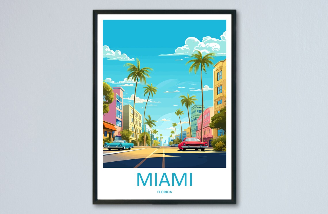 Miami Florida Palm Lined Boulevard Colorful City Travel Poster