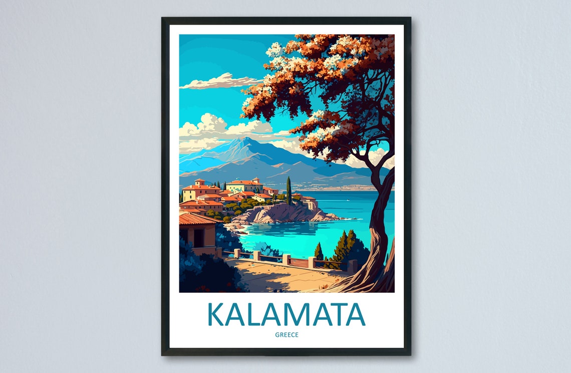 Kalamata Greece Coastal Town Mountains Turquoise Sea Travel Poster