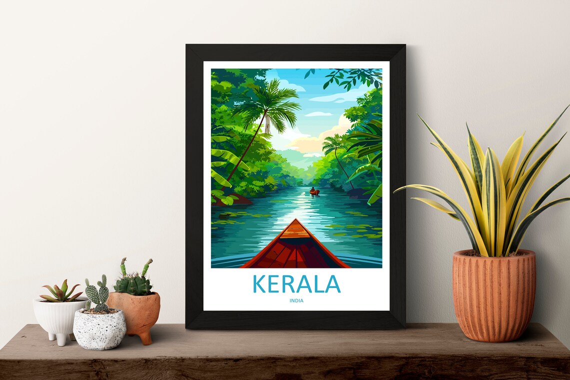 Kerala India Backwater Boat Lush Green Canal Scene Travel Poster - Image 3