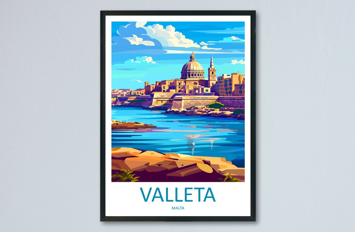 Valletta Malta Harbor Skyline with Historic Dome Vintage Style Poster