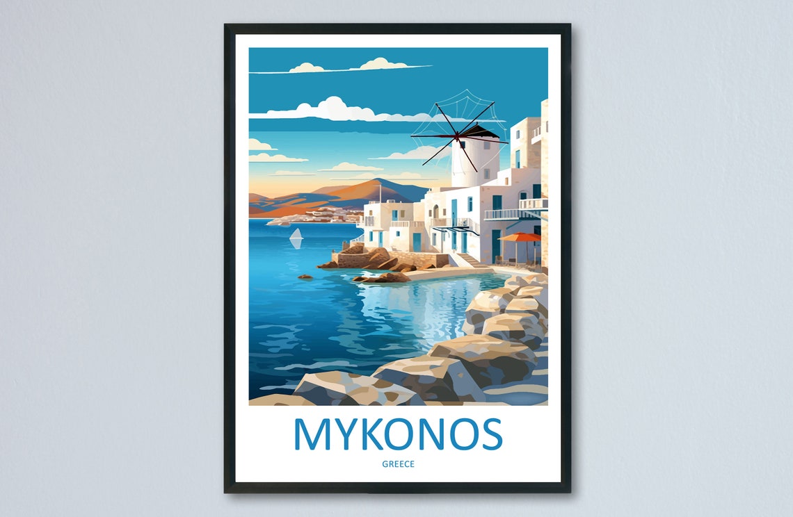 Mykonos Greece Windmill and Whitewashed Harbor Scene Travel Poster