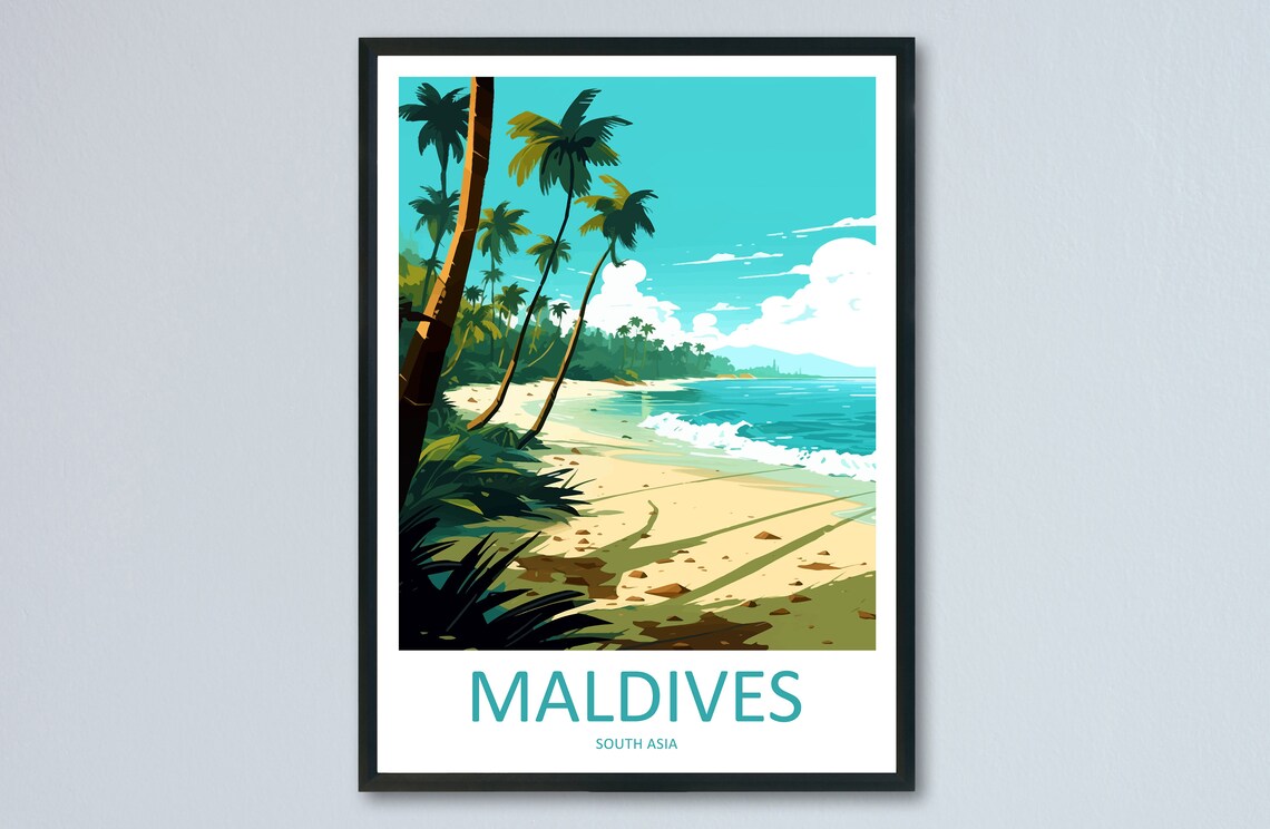 Maldives White Sand Beach Palm Trees Tropical Island Travel Poster