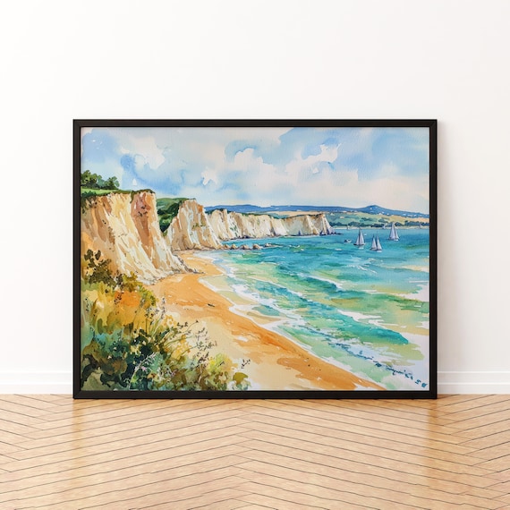 White Chalk Cliffs Beach Sailboats Watercolor Seascape Print