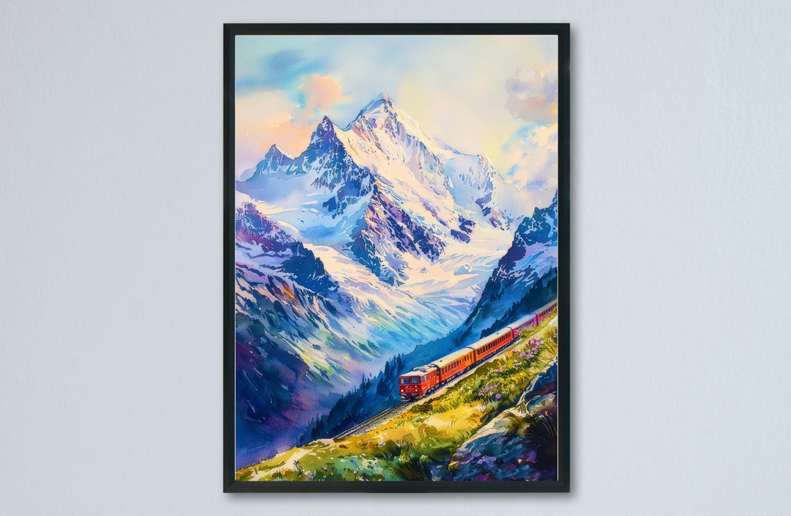 Red Train Snowy Alpine Mountain Pass Scenic Watercolor Art Print
