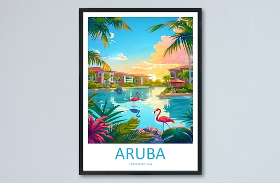 Aruba Caribbean Flamingo Lagoon Island Resort Sunset Travel Poster