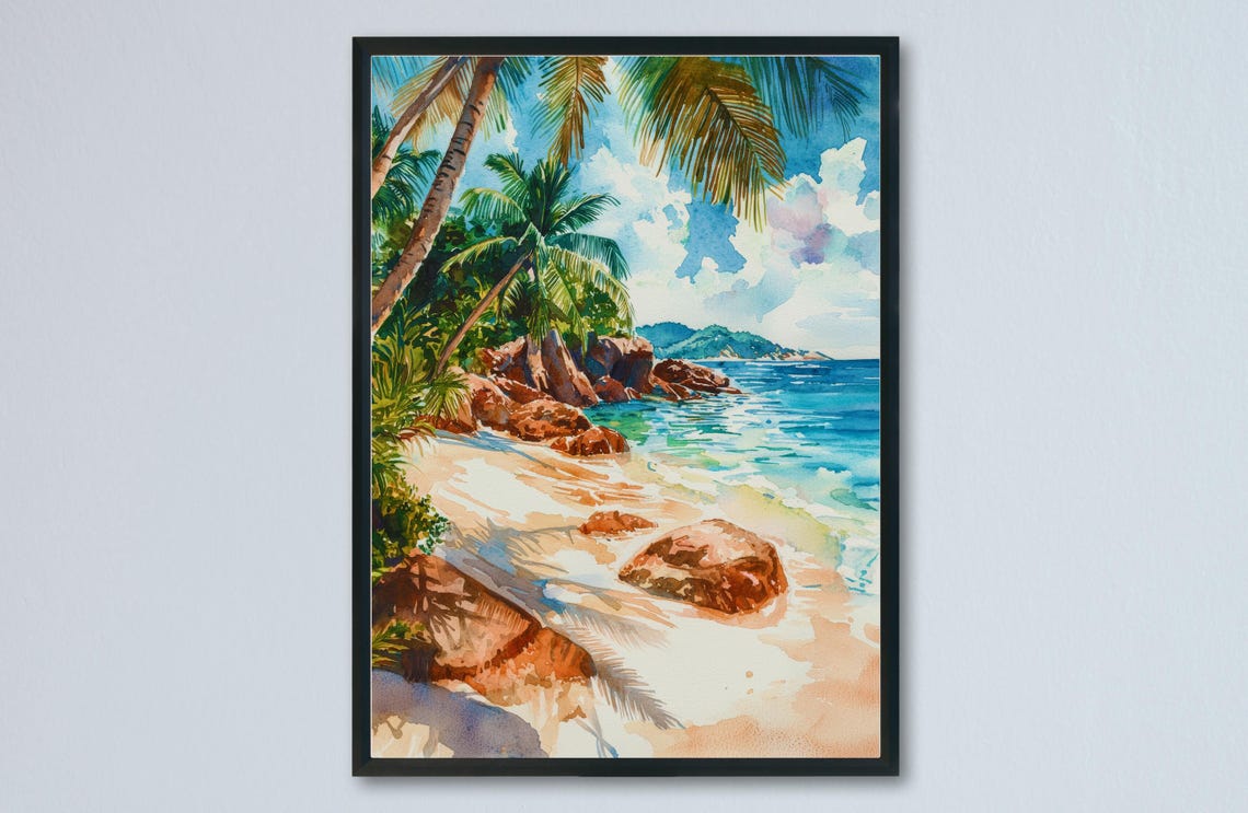 Tropical Island Beach Granite Boulders Palm Trees Watercolor Poster