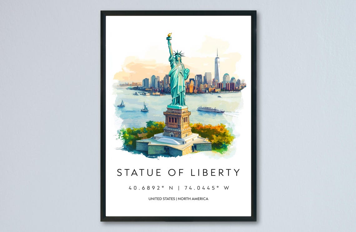 Statue of Liberty New York Harbor Watercolor Skyline Art Poster