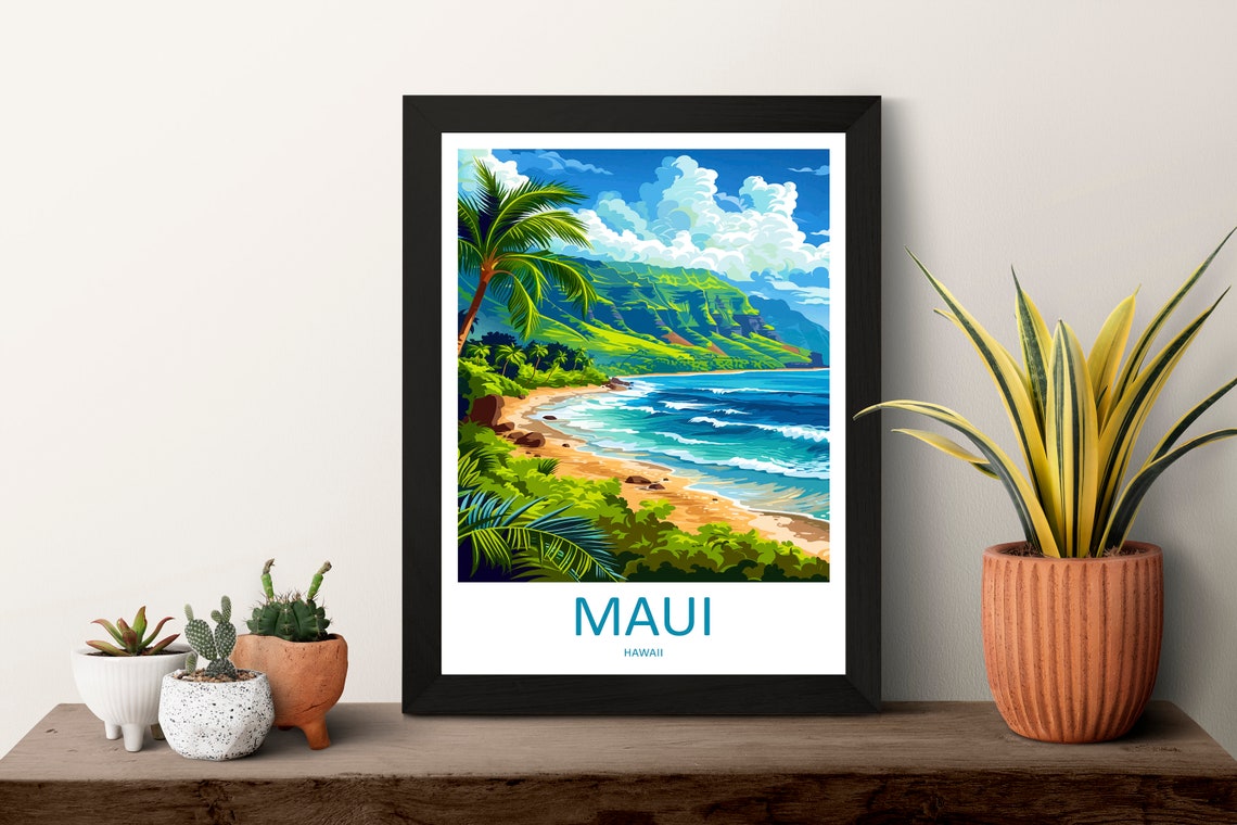 Maui Hawaii Tropical Beach Palm Cove Sunset Waves Travel Poster - Image 3
