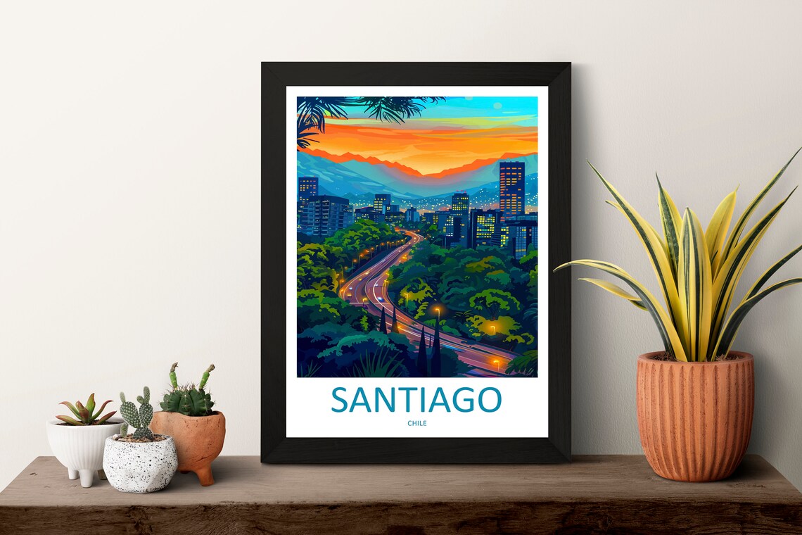 Santiago Chile Sunset City Skyline Vintage Illustration Travel Poster - Image 3