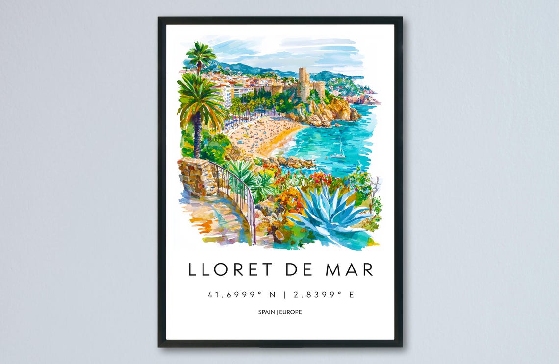 Lloret De Mar Watercolor Spain Beach Castle Coast Travel Poster