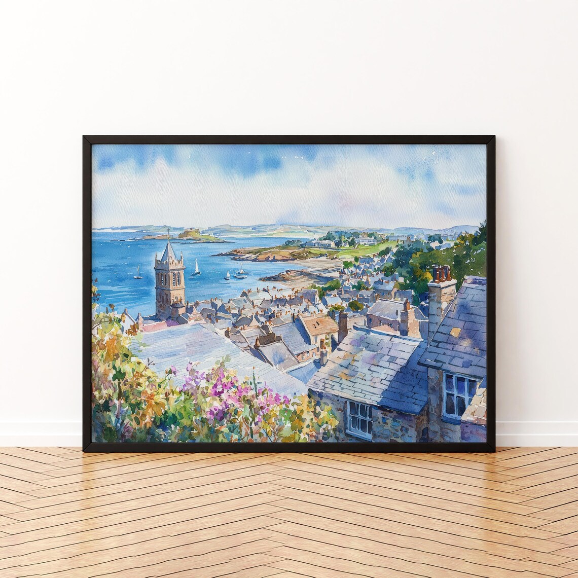Hillside Coastal Town with Church Tower and Harbor Boats Watercolor Poster
