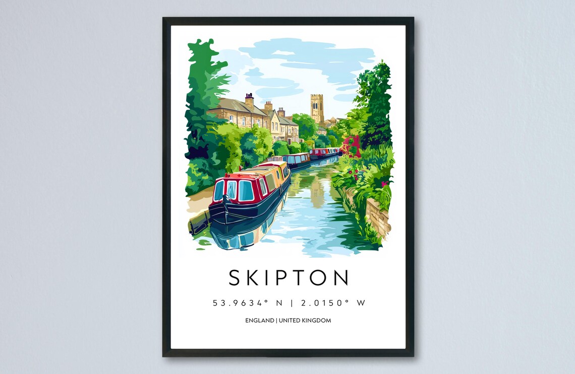 Skipton Yorkshire Canal Narrowboats Church Tower Watercolor Art Poster