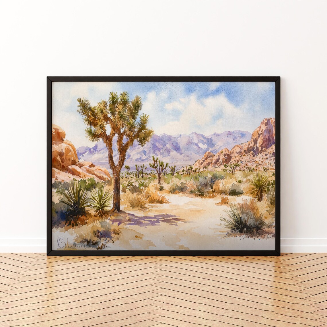 Joshua Tree Desert Landscape with Rocky Mountains Watercolor Nature Poster