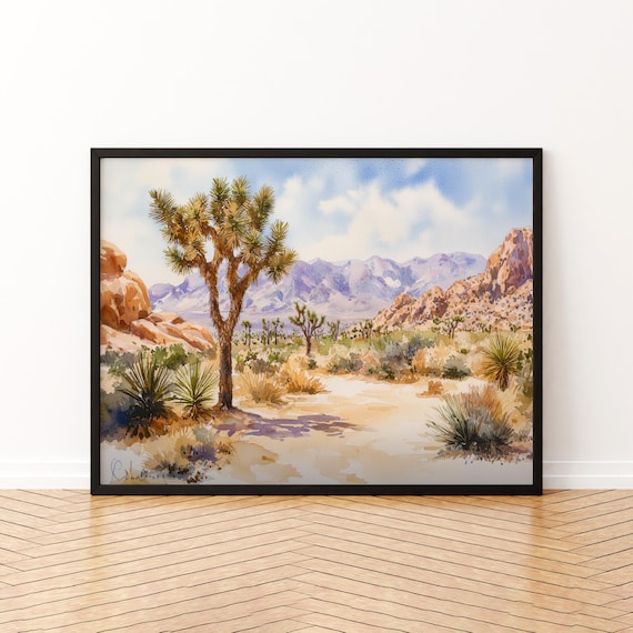 Joshua Tree Desert Landscape with Rocky Mountains Watercolor Nature Poster