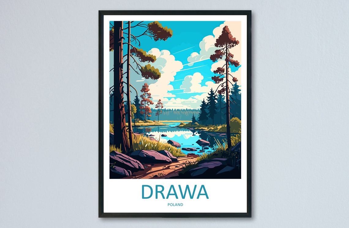 Drawa Forest Lake Tall Pines Rocky Shoreline Travel Poster Poland