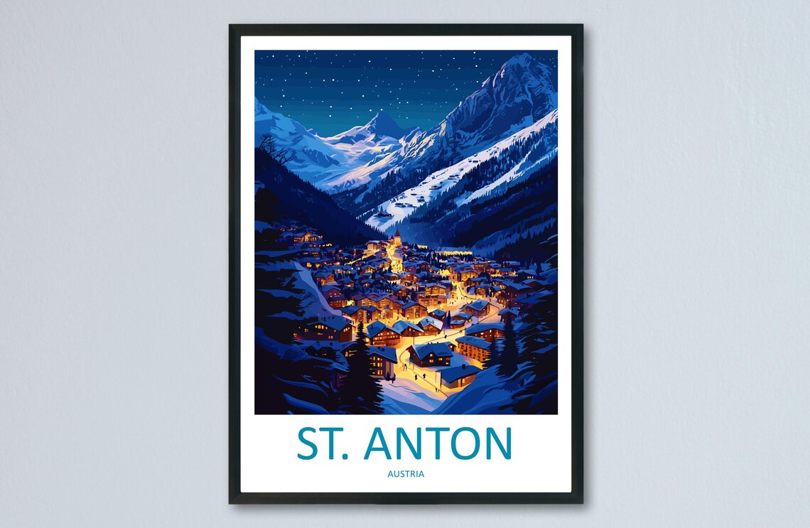 St. Anton Austria Night Village Lights Snow Peaks Travel Poster