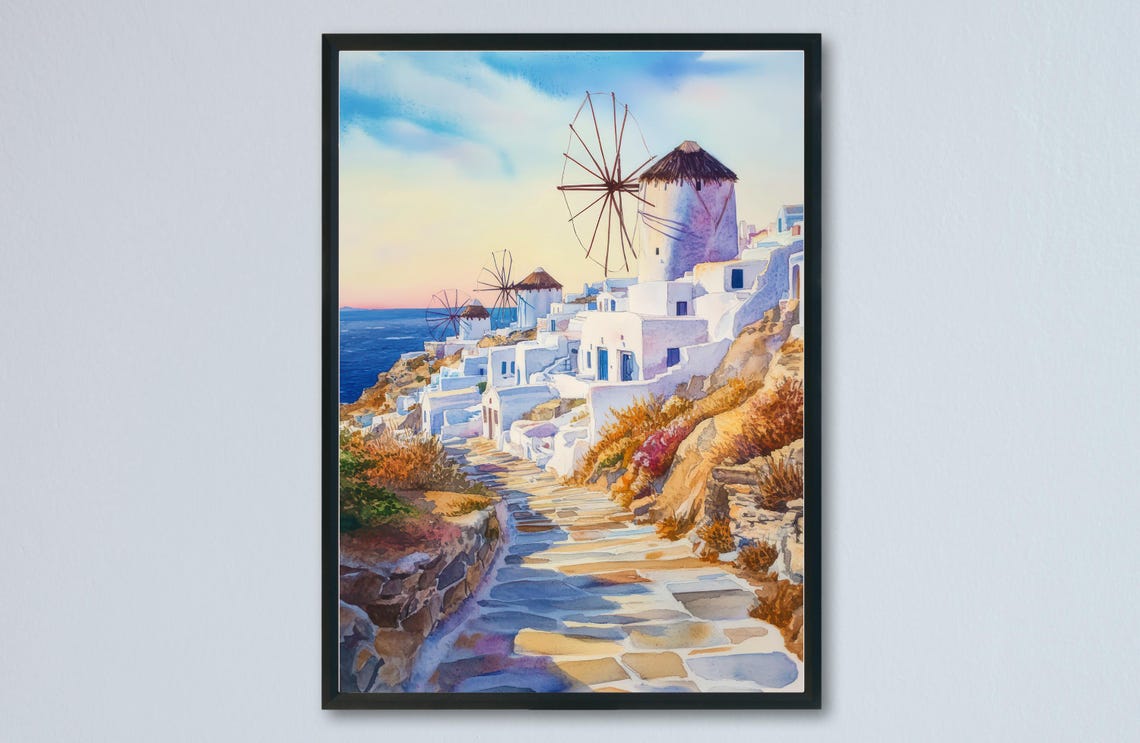 Mykonos Greece Iconic Windmills Sunset Whitewashed Town Poster