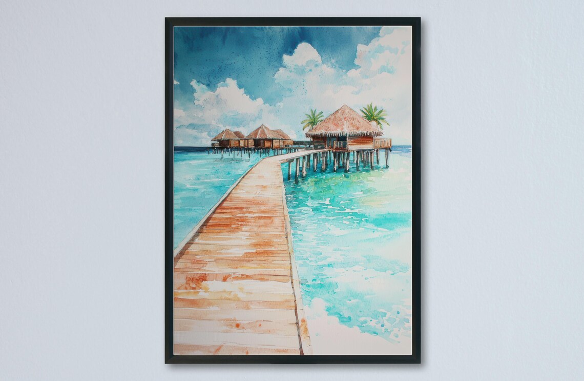 Maldives Overwater Bungalows Wooden Jetty Turquoise Sea Art Poster