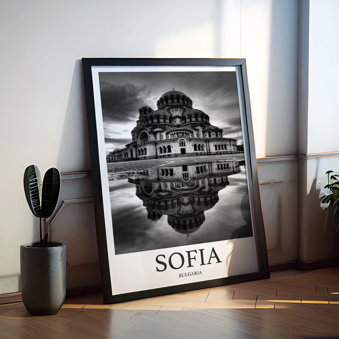 Sofia Bulgaria Cathedral Reflection Black and White Night Poster - Image 2