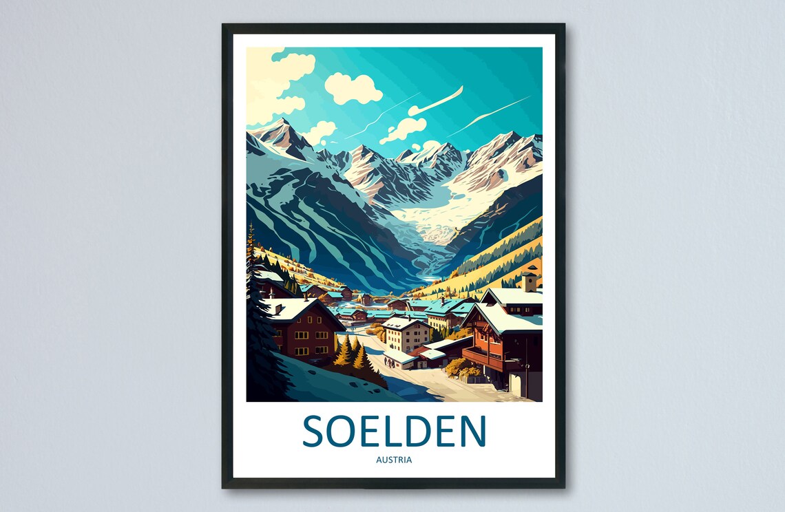 Soelden Austria Alpine Ski Village Winter Retro Travel Poster