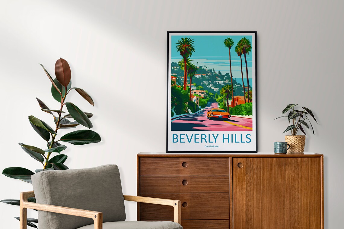 Beverly Hills California Palm Lined Street Classic Car Travel Poster - Image 2