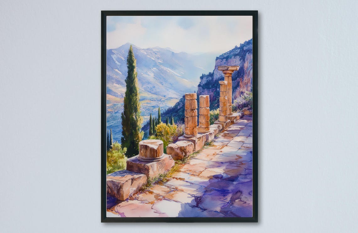 Delphi Greece Ancient Stone Column Ruins Mountain Watercolor Poster