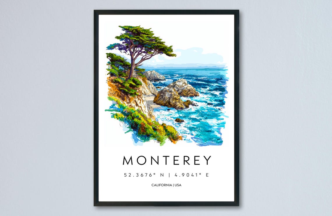 Monterey California Cypress Cliffs Ocean Sunlit Watercolor Poster