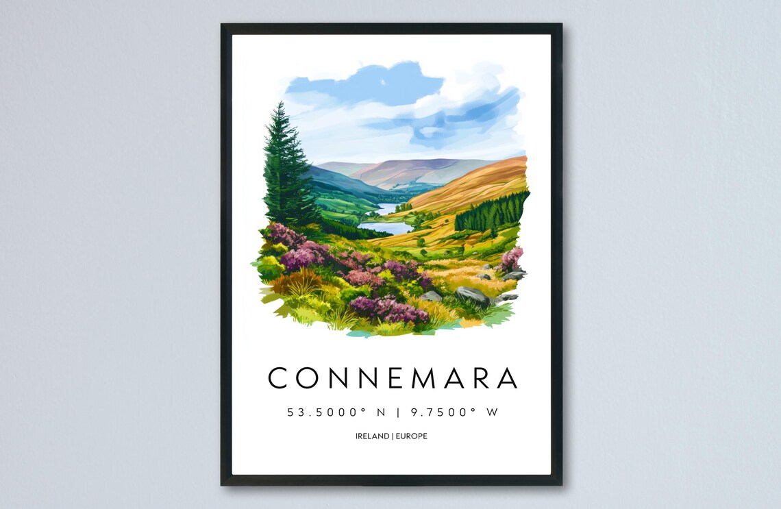 Connemara Rolling Green Hills Ireland Watercolor Travel Poster