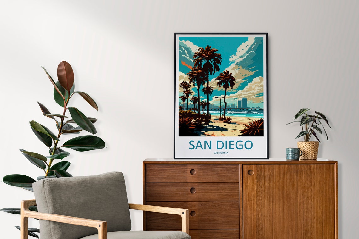 San Diego California Palm Tree Beach And City Skyline Poster - Image 2