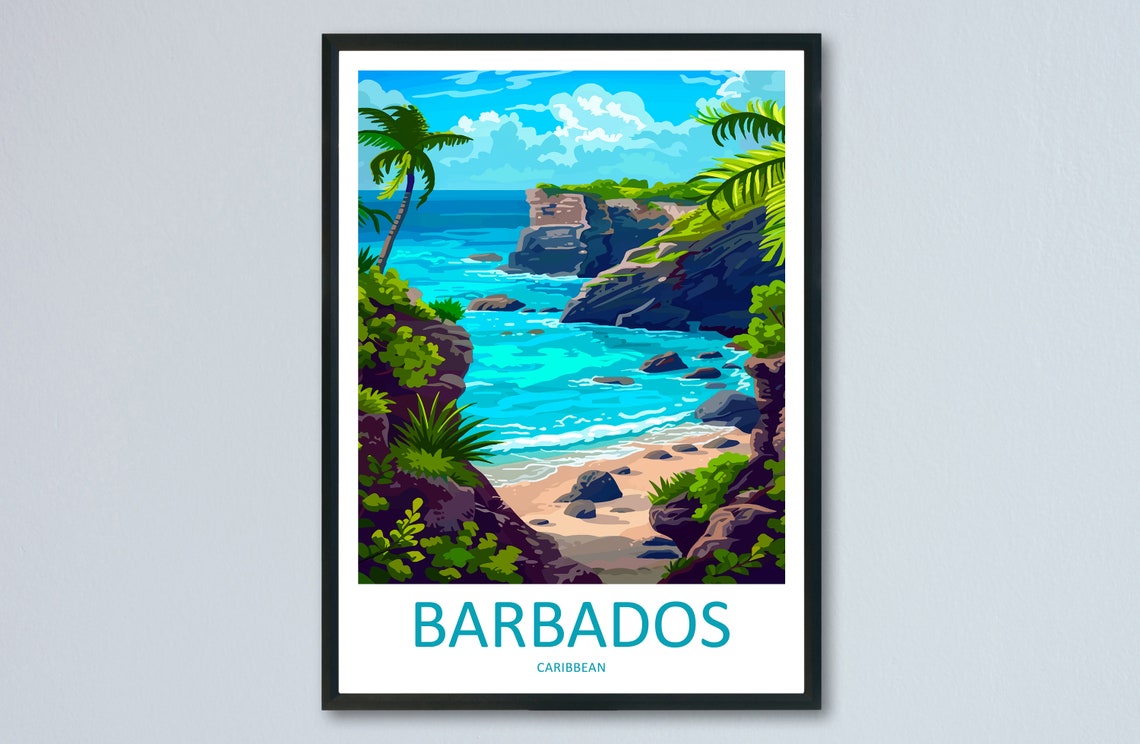 Barbados Caribbean Hidden Cove Swaying Palms Cliffs Travel Poster
