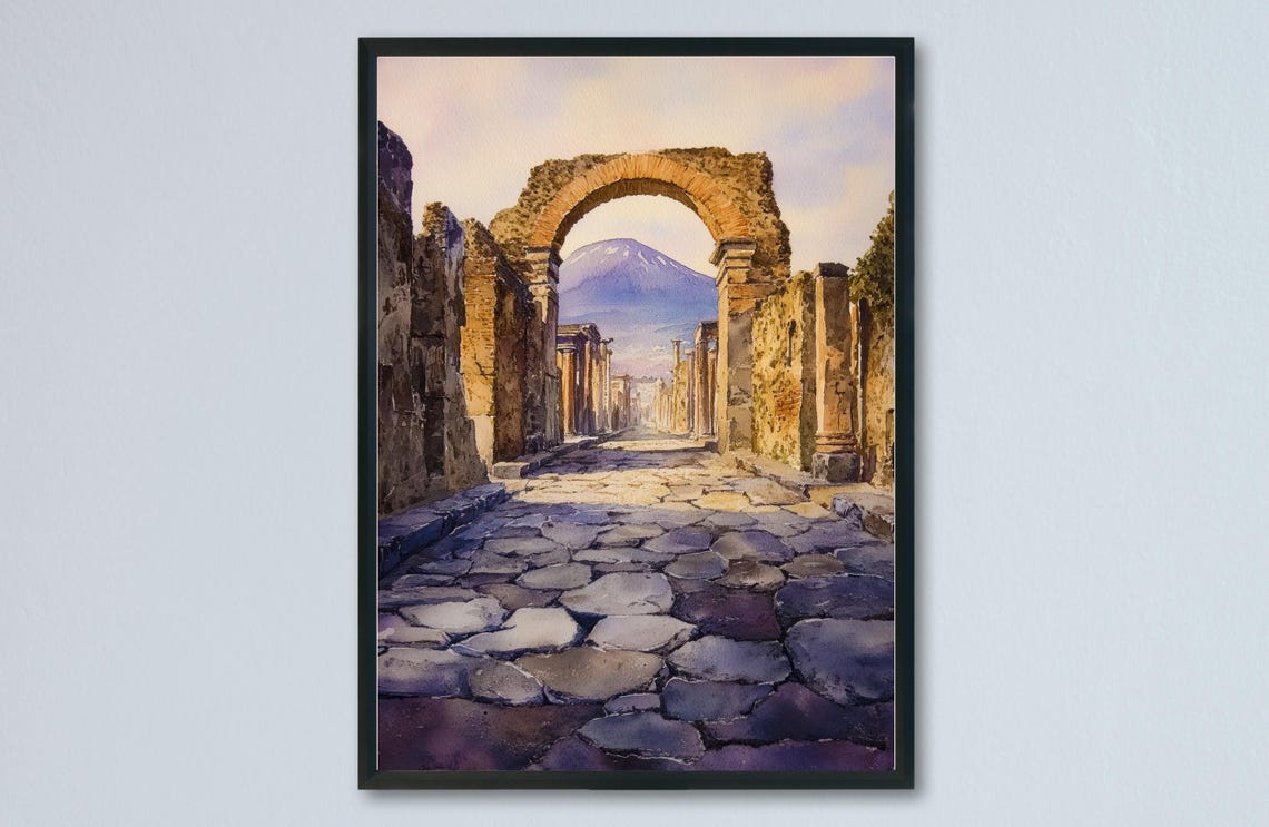 Historic Ancient Ruins Street Stone Arch Volcano Watercolor Poster