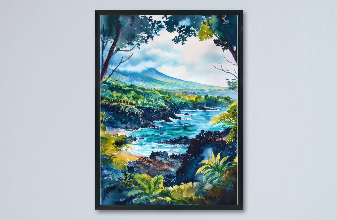 Tropical Volcanic Coastline View Through Lush Green Trees Poster
