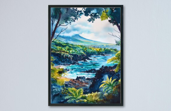Tropical Volcanic Coastline View Through Lush Green Trees Poster
