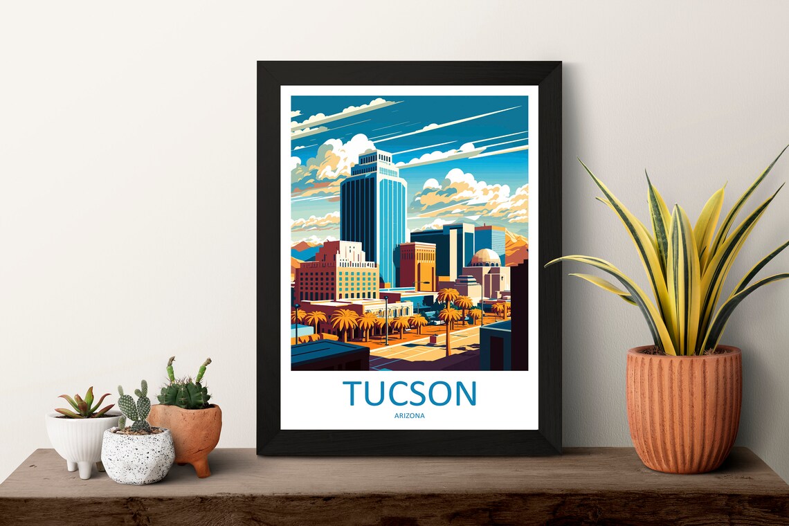 Tucson Arizona Skyline Palm Tree Retro Vintage Travel Poster - Image 3