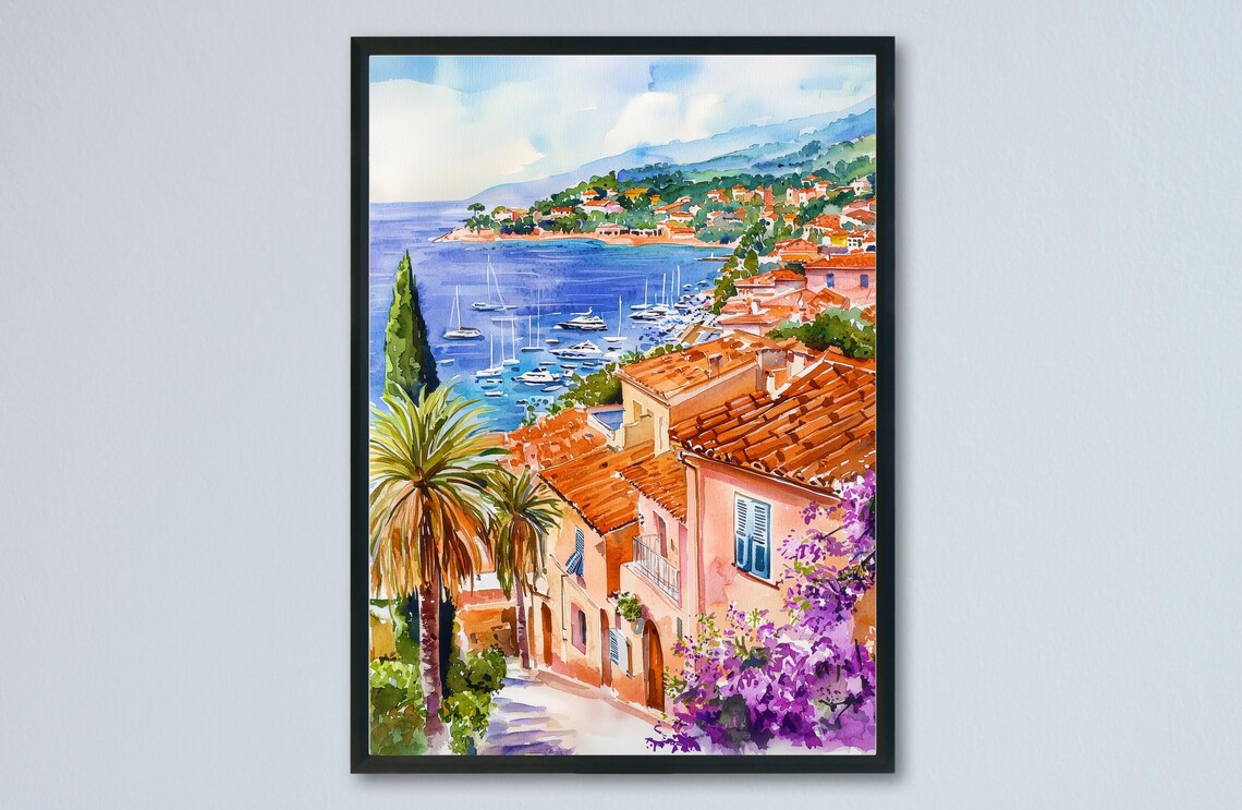 French Riviera Village Harbor Sailboats Coast Watercolor Art Poster