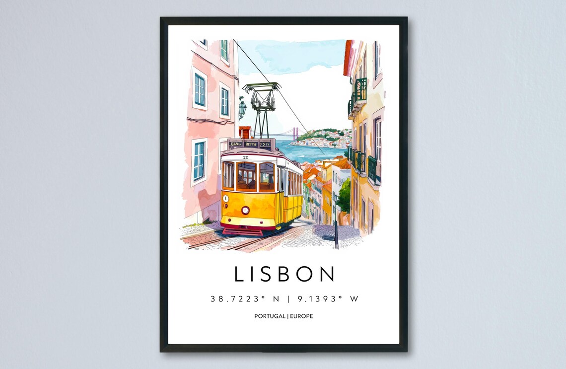 Lisbon Yellow Tram 28 Watercolor Portugal Street Travel Poster