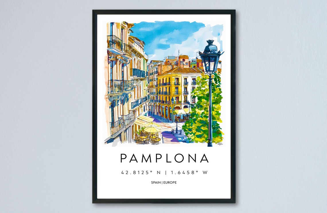 Pamplona Historic Spain Old Town Plaza Watercolor Travel Poster