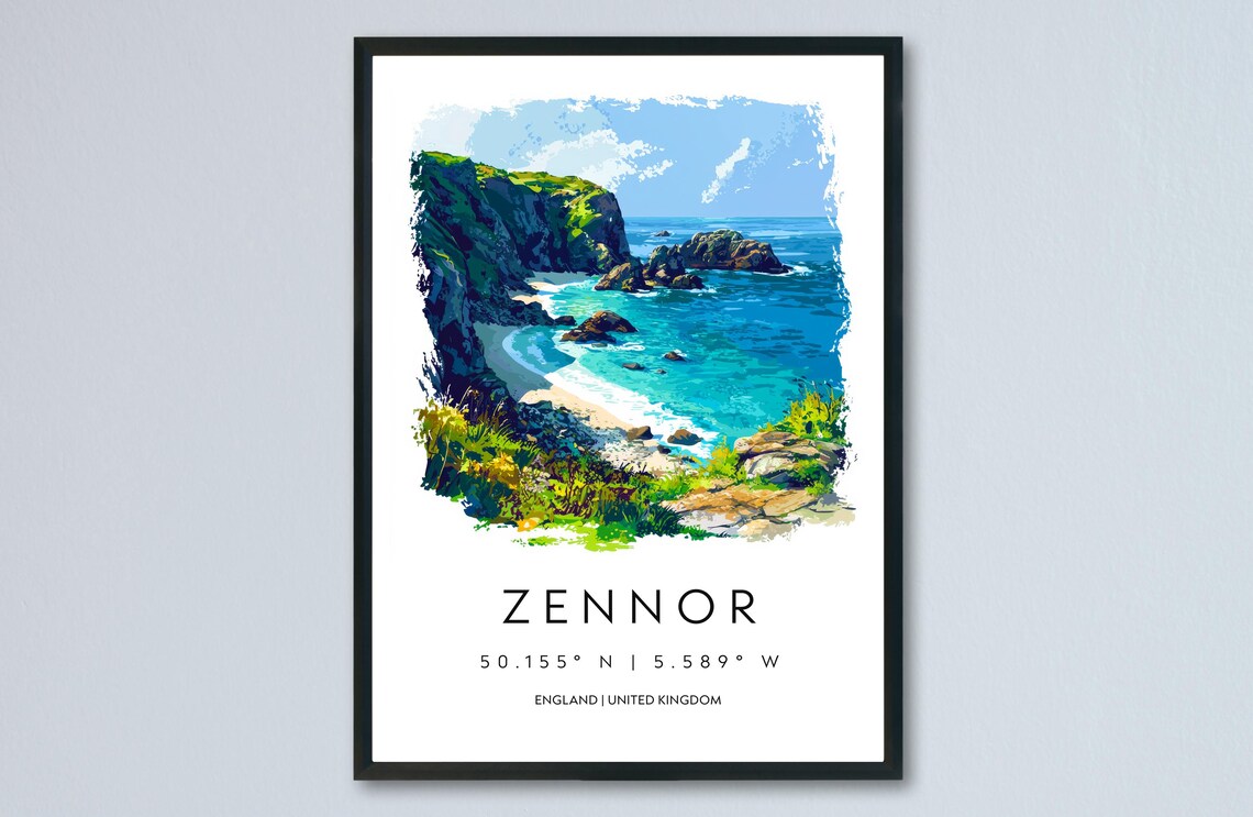 Zennor England Rocky Cove Turquoise Sea Watercolor Travel Poster